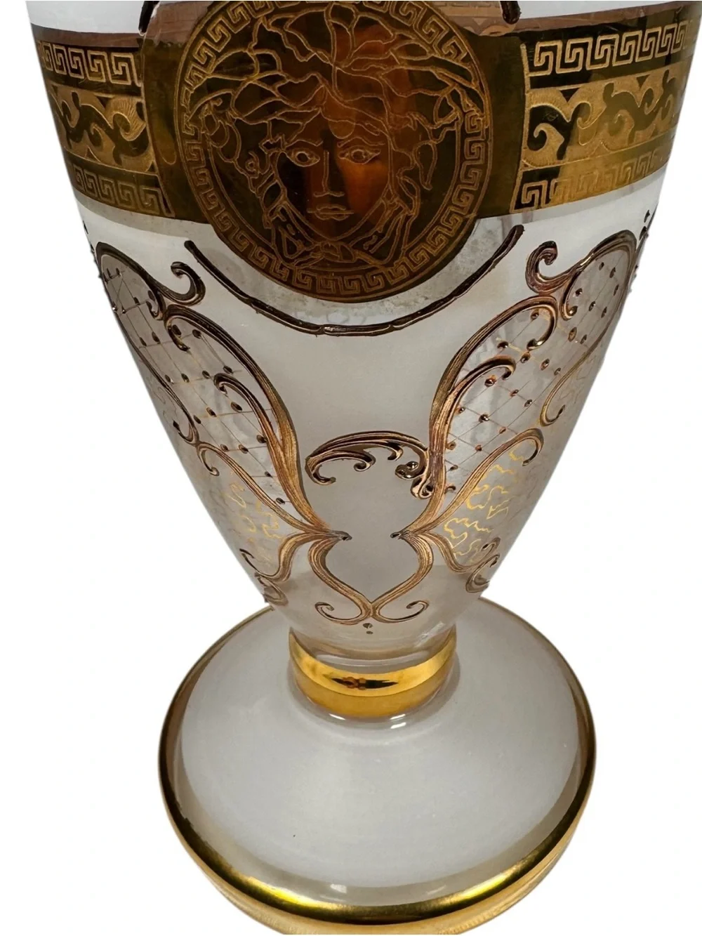 12” Frosted Art Glass Vase Gold Medusa Greek Key Luxury Home Decor